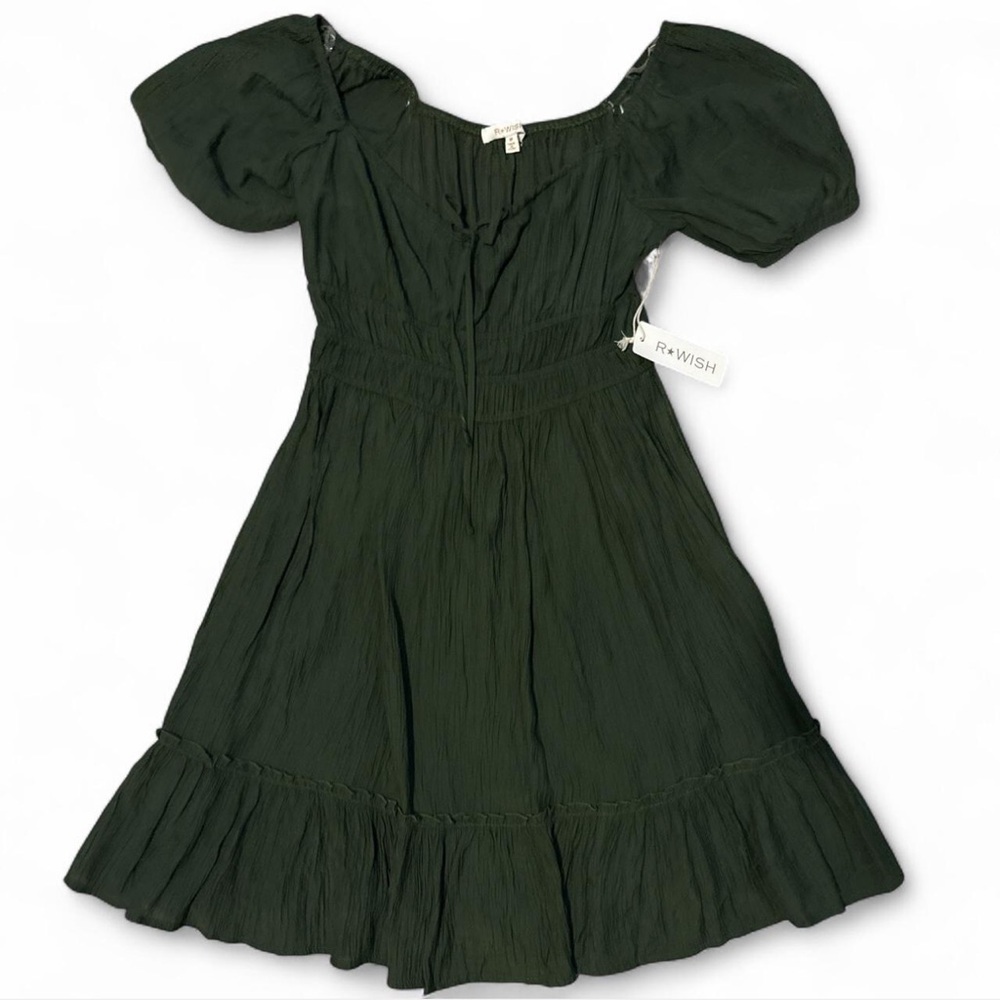 R+WISH Green Puff Sleeve Midi Dress Boho Prairie Cottagecore Smocked Waist NWT